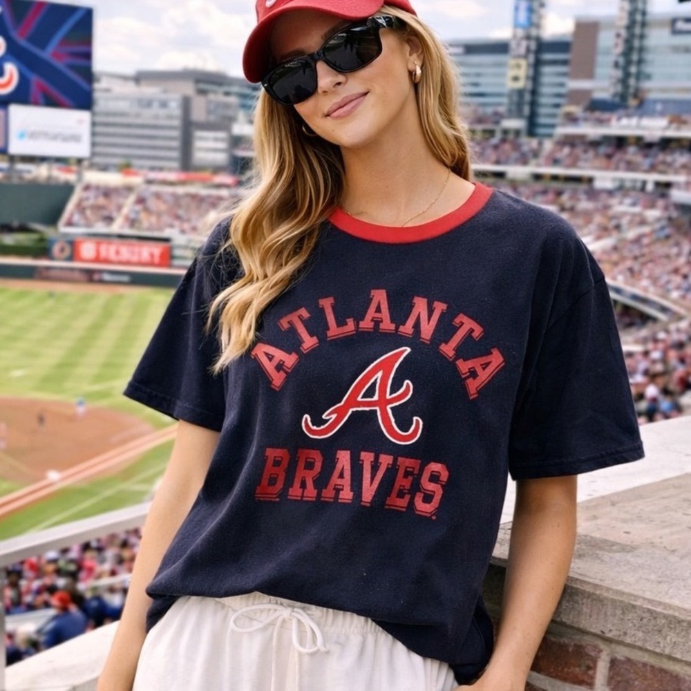47 Brand‎ Atlanta Braves Ringer T-Shirt Navy Blue Red MLB Womens Medium O2